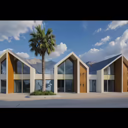 two palm trees are pictured in front of two buildings