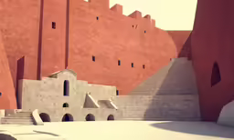 an animation view of a stone building surrounded by hills and ruins
