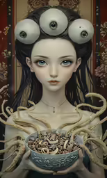 a woman holding a bowl of food with her eyes open