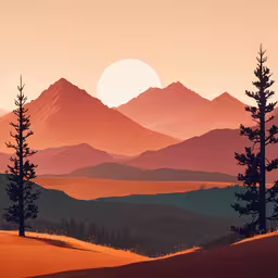 the trees on the hill are silhouetted against the background of the mountain,some trees that are sitting in the grass