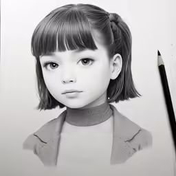 a pencil drawing of a little girl in front of a pencil drawing of her face