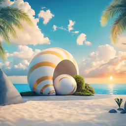 a colorful illustration of a beach with two large balls and palm trees