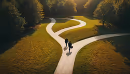 two people are walking in a wooded area