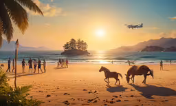 horses run on the beach during the sunset,several people and horses are on the beach