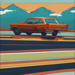an orange car is driving through some mountains,a painting of a classic car that looks like an old - fashioned