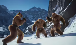 the bears are playing in the snow by the mountains