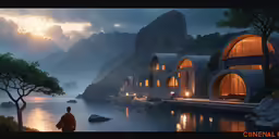 a fantasy rendering of a man walking towards the water