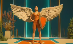 a man in orange is holding an orange shield with large wings