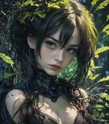 a beautiful woman wearing a leather outfit surrounded by trees