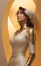 a female in silver wearing a white dress and gold armor