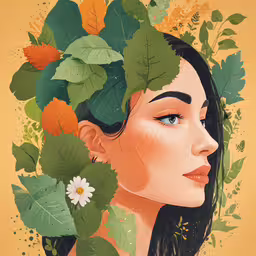 illustration of a woman with leaves over her face,woman with leaves and flowers around her head