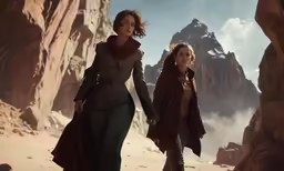 two women walking through desert mountains carrying guns