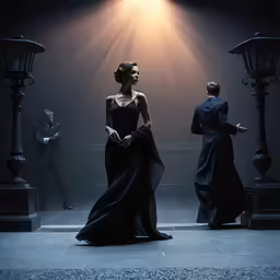 woman in long black dress standing under two lampposts