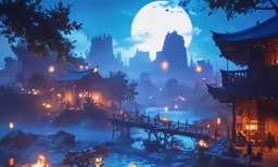 a fantasy landscape with lights surrounding a lake in front of a large full moon