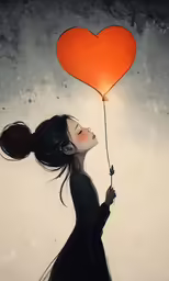 a girl with long black hair holds a heart shaped balloon