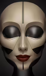 a woman with black eyes and red lipstick