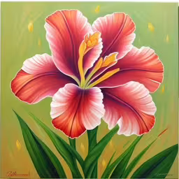 a painting of a single flower on a green background,the painting depicts a red and white flower,this flower is colorful and has green stems,painting of a flower on green background with red petals,this painting depicts a red flower on a green background