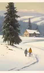 two people walking down a road with a snow covered hill in the background