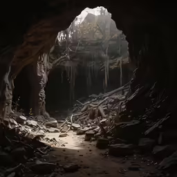 the entrance to a large cave filled with lots of rocks