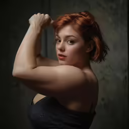 woman showing muscles to chest in a dark room