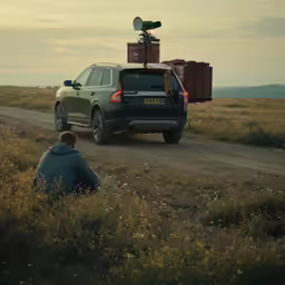 a man kneeling in the grass next to a vehicle with a camera attached