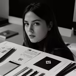 a woman is looking at a variety of papers