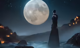 a woman standing on the edge of a cliff with a full moon behind her