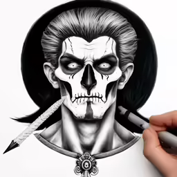 a skull drawn in pencil on a sheet with a knife