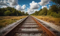 a train track leading into the distance, surrounded by tall grass