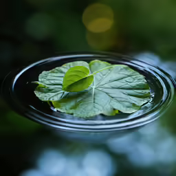 a glass bowl with leaves floating in the water