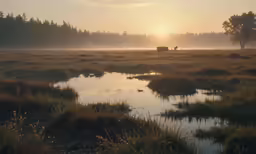 a stream is surrounded by grass and marsh in the sunlight