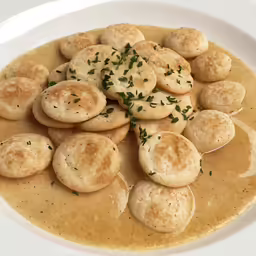 a plate with potatoes and soup on top of it