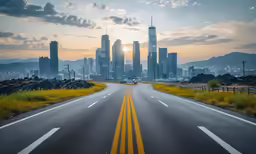 city skyline with yellow lines at roadway in foreground