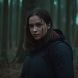 a woman in the woods wearing a black jacket