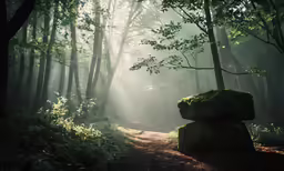a wooded area with fog coming down on the ground