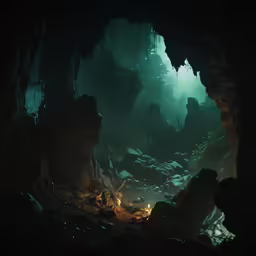 an underwater cave scene with light on