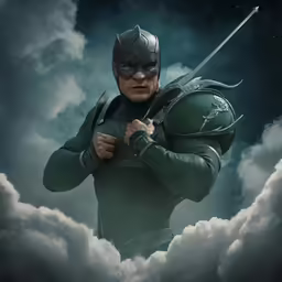 the man in green is standing on a cloudy sky