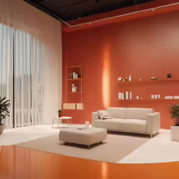 a living room with an orange wall and a white couch