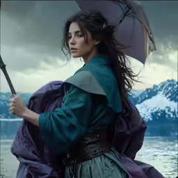 a woman dressed in medieval clothes holds a big umbrella over her head