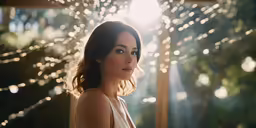 a woman standing under a tree and lighting the room