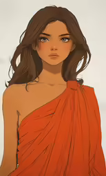 a girl in orange dress with long dark hair