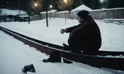 a man sitting on train tracks in the snow