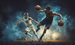 two people are playing basketball while another watches