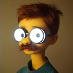 the fake head has round glasses and mustaches on