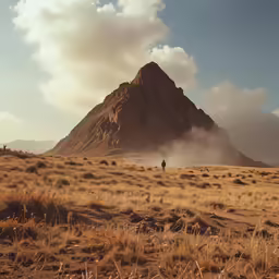 a person on horseback in a big field next to a mountain