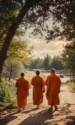 three monks walk down a path to the ocean