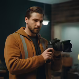 a man holding a camera that is next to his head