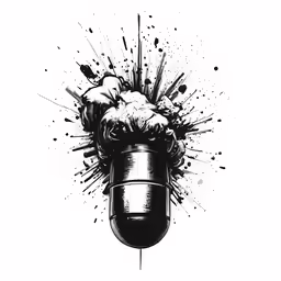 an ink drawing of a head and its head with splats
