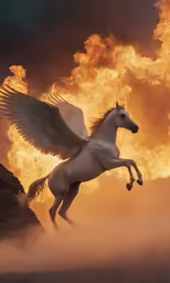 a white horse with wings and a body that is flying high in the air
