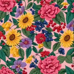 a pink background with sunflowers and other colorful flowers